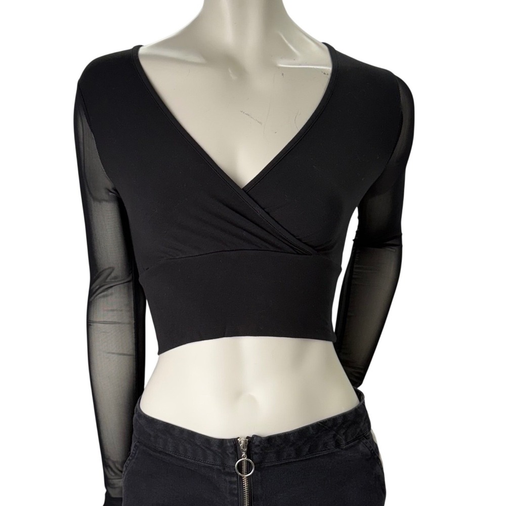SHEIN Black Sheer Mesh Sleeve Top Wrap Front Plunging‎ V-Neck Goth Y2K Matrix S